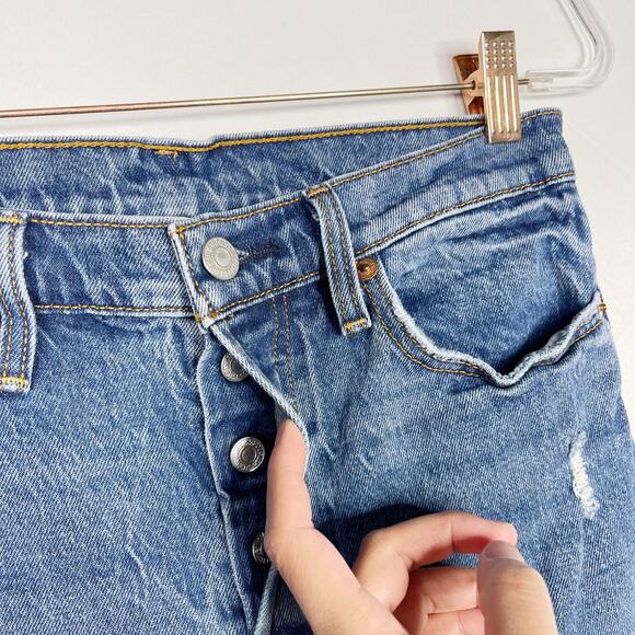 Levis Womens 28 High Rise Button Front Straight Crop Jeans Raw Fray Hem Denim - Picture 5 of 14